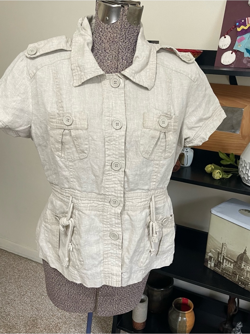 Lucy & Laurel Short-Sleeve Drawstring Utility Jacket Shirt- Light Beige Linen